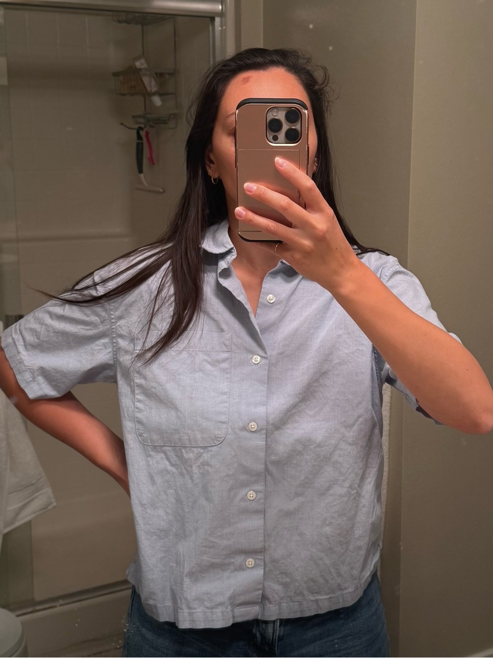 Classic Light Blue Short-Sleeve Button-Up Cropped Shirt